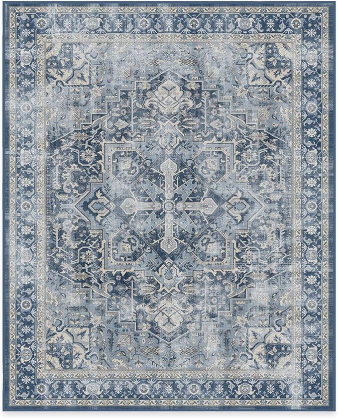 RUGGABLE Washable Area Rug – Kamran Admiral Blue 8x10, Stain-Resistant, Non-Slip – Large Machine Washable Rugs for Living Room, Bedroom, Hallway, Entryway & Office–with Cushioned Pad