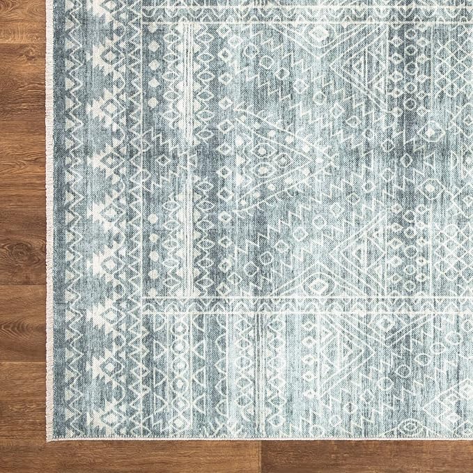 Bloom Rugs Washable Non-Slip 10x14 Rug - Teal/Ivory Geometric Area Rug for Living Room, Bedroom, Dining Room, and Kitchen - Exact Size: 10' x 14'