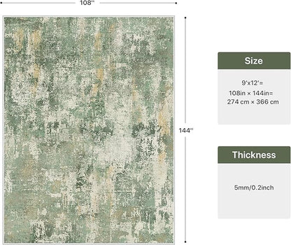 GENIMO Abstract Area Rug 9x12, Washable Large Modern Rug Non Slip, Low Pile Lightweight Soft Carpet for Living Room, Bedroom, Dining Room, Light Green