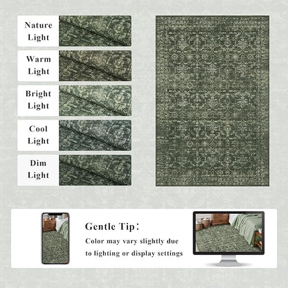 Washable Area Rug 6x9 Green Rugs for Living Room, Vintage Boho Large Rug for Bedroom Dining Room Office, Distressed Floral Print Carpet for Under Table, Soft Non Slip Low Pile Throw Carpet Indoor Mat