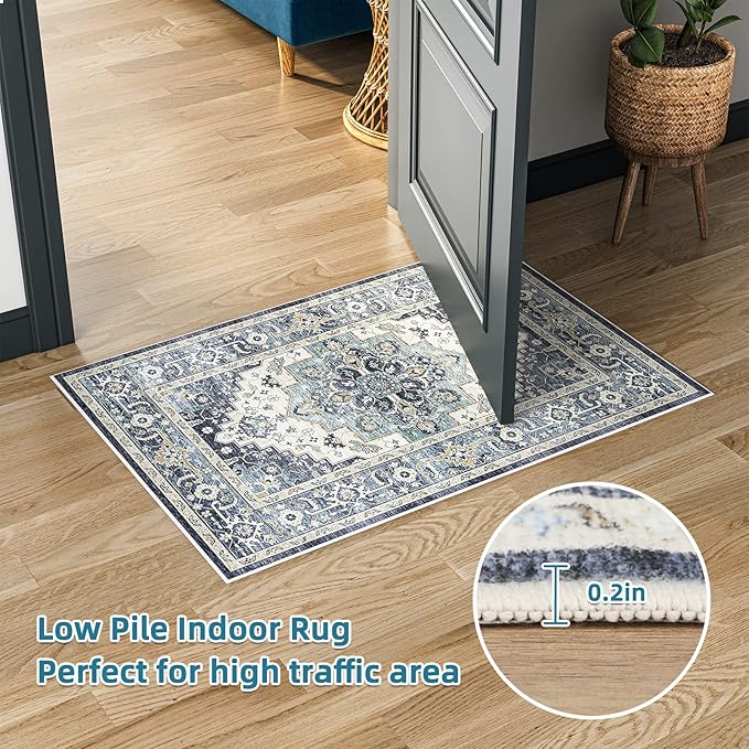 Dripex Vintage Washable Area Rug - 2x4 Indoor Door Mat Oriental Medallion Accent Throw Rug Distressed Foldable Non-Slip Low-Pile Bathroom Kitchen Rug for Entryway Laundry Room Living Room Bedroom