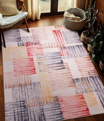 YIHOUSE Cream Retro Rugs 5x7,Blue and Red Vintage Washable Carpets for Bedroom,Farmhouse Abstract Area Rug,Unique Checkered Block Rug for Living Room,Dining Room,Office