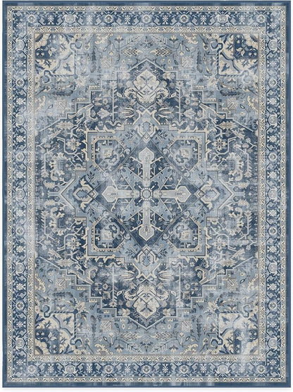 RUGGABLE Washable Vintage Area Rug – Kamran Admiral Blue 9x12, Stain-Resistant, Non-Slip – Large Machine Washable Rugs for Living Room, Bedroom, Hallway, Entryway & Office–with Standard Pad