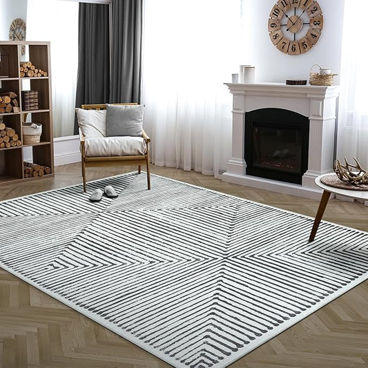 Bloom Rugs Washable Non-Slip 8' x 10' Rug - Black/Ivory Striped Area Rug for Living Room, Bedroom, Dining Room, and Kitchen - Exact Size: 8' x 10'