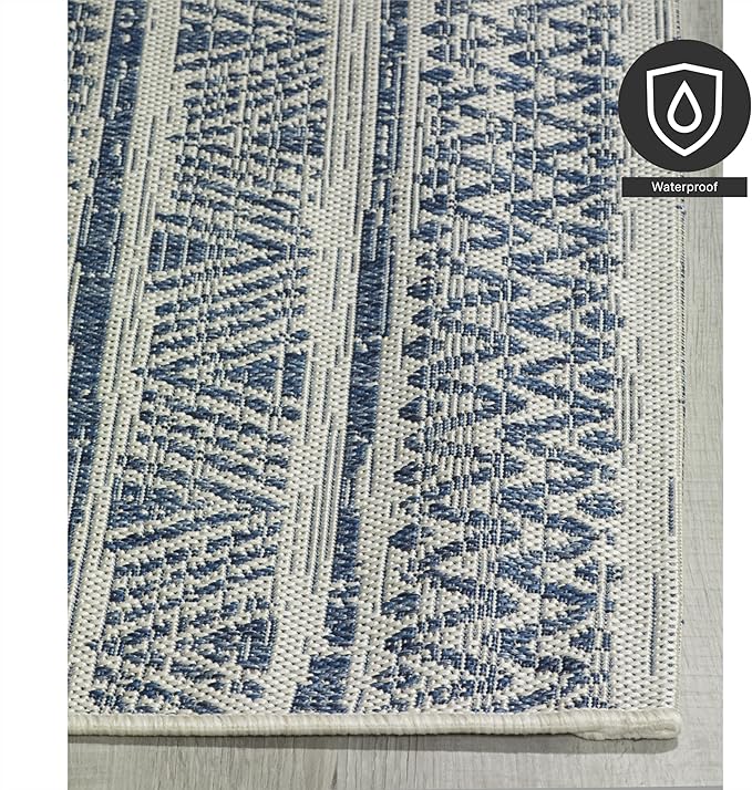 FH Home Flat Woven Outdoor Rug - Waterproof, Easy to Clean, Stain Resistant - Premium Polypropylene Yarn - Striped Boho - Patio, Porch, Deck, Balcony - Amman - Blue - 5ft 2in x 7ft 6in