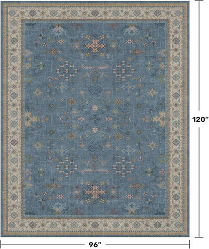 Boho 8x10 Large Area Rugs for Living Room - Eclectic Dusky Blue Rug for Bedroom Under Bed, Dining Room Under Kitchen Table, Washable Soft Non Slip Unique Colorful Indoor Décor