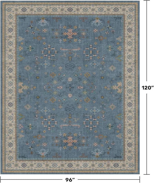 Boho 8x10 Large Area Rugs for Living Room - Eclectic Dusky Blue Rug for Bedroom Under Bed, Dining Room Under Kitchen Table, Washable Soft Non Slip Unique Colorful Indoor Décor