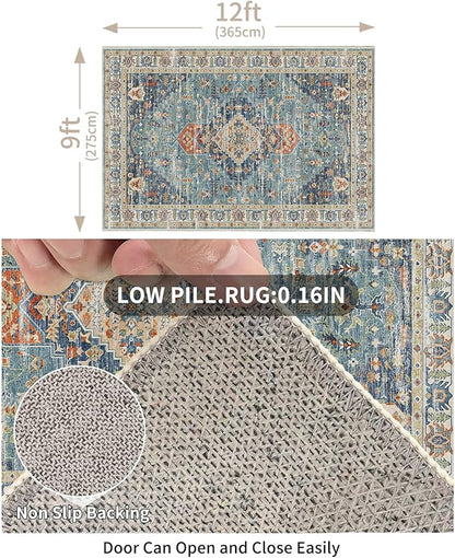 Enkor Area Soft Rugs 9x12 Washable Non Slip Boho Floor Rugs for Living Room Bedroom, Vintage Style Farmhouse Mat for Kitchen Entryway Green & Blue