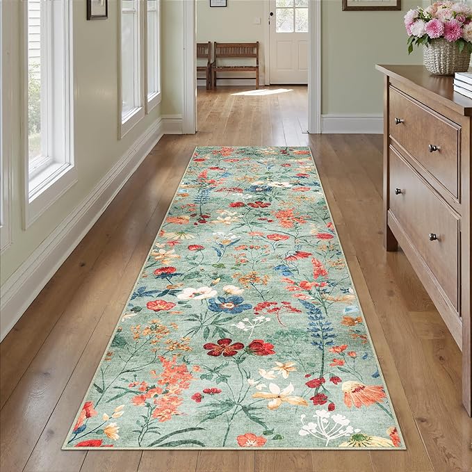 Floral Runner Rug 2x6 Washable Hallway Long Green Bedroom Carpet Non Slip Indoor Boho Kitchen Low Pile Accent Rug Lightweight Soft for Bathroom Dining Laundry Living Room