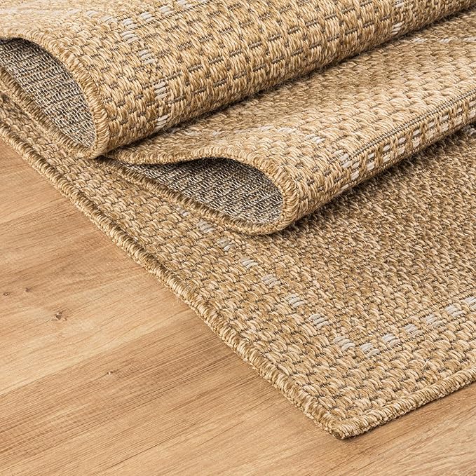Beverly Rug Easy Jute Checkered Squared Rug 10x14 Washable Large Indoor Outdoor Area Rugs for Living Dining Room Patio Office Stain Resistant Non Shedding Casual Indoor Outside Carpet 10 x 14 Natural