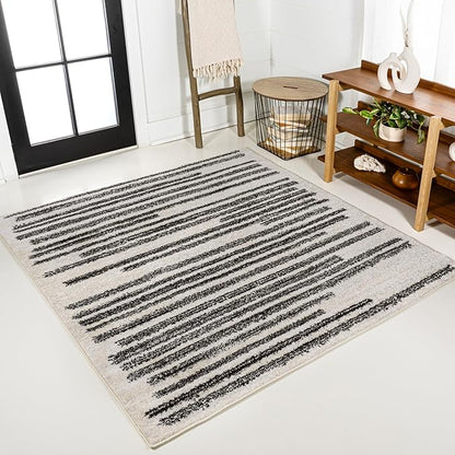 JONATHAN Y Khalil Modern Berber Stripe Cream/Black 3x3 Square Indoor Area Rug, Contemporary, Bohemian, Easy-Cleaning for Living Room, Bedroom, Kitchen, Pet Friendly, Non-Shedding (MOH207A-3SQ)