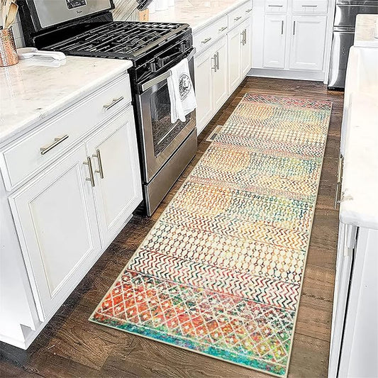 Moroccan Hallway Runner Rug 2x6, Ultra Soft Non Slip Bathroom Runner Rug, Low-Pile Washable Hallway Rug Front Door Mat Neutral Rug for Bathroom Laundry Room Bedroom