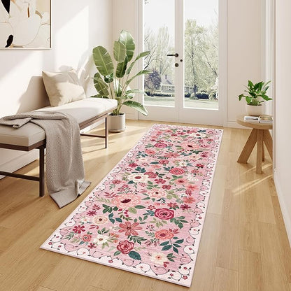 DUKINO 2x6 Kitchen Runner Rug for Hallway, Washable Runner Rug with Non Slip Backing, Low Pile Soft Boho Floral Carpet for Girls Room, Kitchen, Entryway, Laundry, Bedroom, Pink