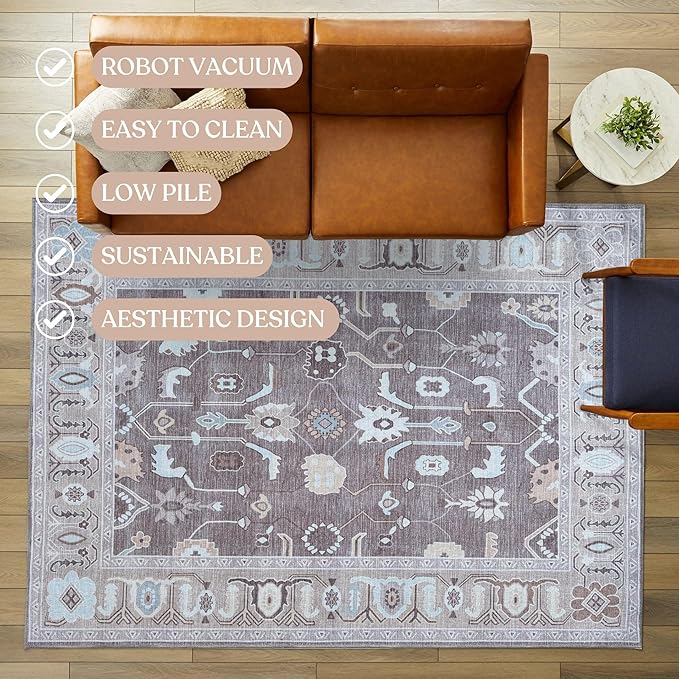 Brown Oushak Rug, Modern, Vintage, Turkish, Eclectic, Floral, Pastel, Washable, Area Rugs for Living Room, Dining, Bedroom, Nursery, Girls, Boys, 5'9"x8'9"
