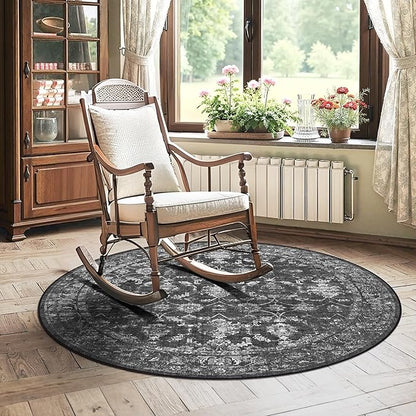 4ft Round Washable Area Rugs for Living Room, Vintage Boho Large Rug for Bedroom Dining Room Office, Distressed Floral Print Carpet for Under Table, Soft Non Slip Low Pile Throw Indoor Mat, Black