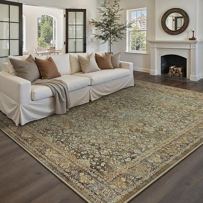 Area Rug 8x10 Brown Living Room Washable Vintage Carpet Non Slip Indoor Retro Traditional Accent Throw Large Rug for Office Bedroom Dining Room Playroom