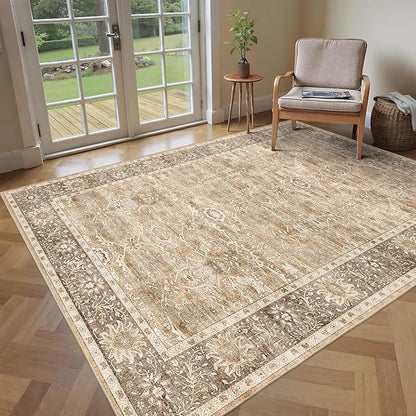4x6 Washable Area Rug for Living Room Bedroom Dining Room Non-Slip Low Pile Boho Vintage Distressed Entryway Rug Traditional Floral Retro Accent Throw Carpet for Dining Room Bathroom Kitchen Beige
