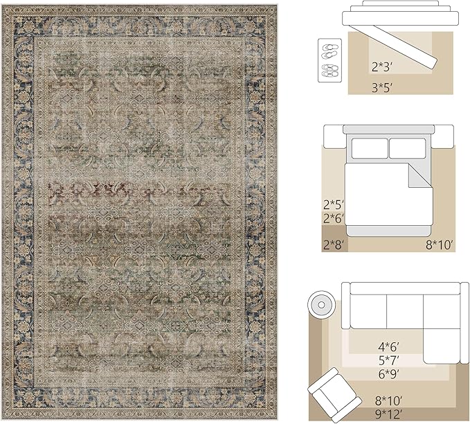 FMFUNCTEX 8x10 Washable Area Rug Brown Vintage Neutral Distressed Large Non Slip Carpet for Living Room Bedroom Soft Low Pile Indoor Mat Retro Throw Rug for Dining Room Kitchen Office Nursery, Multi