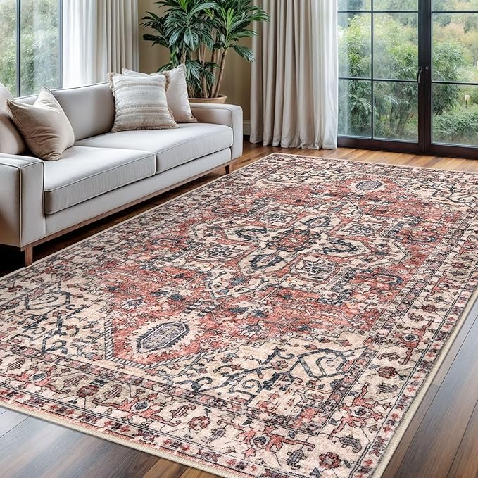 KOZYFLY Boho Area Rug 6x9 Ft Thin Washable Rugs for Bedroom and Living Room Faux Wool Printed Throw Carpet Non Slip Rug for Entryway Kitchen Dining Room, Terracotta/Beige