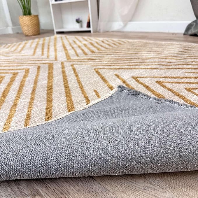 Alfa Rich 5x8 Geometric Gold Off White Washable Area Rugs for Living Room Bedroom Kitchen Cotton Rug