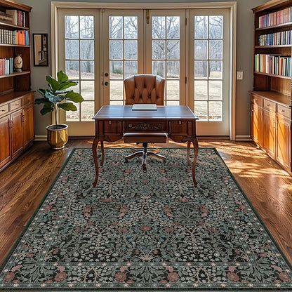 5x7 Washable Area Rugs for Living Room, Stain Resistant Vintage Rugs for Dining Room Under Kitchen Table, Bedroom, Floral Low Pile Non-Slip Large Carpet (5 x 7 Dark Green)