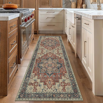 GENIMO 2x7 Runner Rugs for Hallway, Machine Washable Non Slip Vintage Rugs, Low Pile Lightweight Soft Print Rug for enrtyway, Corridor, Home Office, Kitchen, Bordeaux