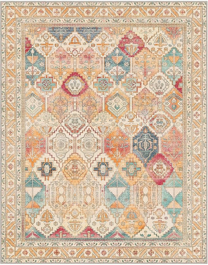 Bavni Washable Rug 8x10 Area Rug for Living Room Bedroom Dining, Washable Vintage Print Carpet, Ultra-Thin Chenille Low Pile Lightweight Rug with Non Slip Backing, Retro Multi