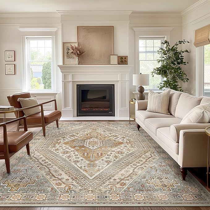 Bavni Washable Rug 8x10 Area Rug for Living Room Bedroom Dining, Washable Vintage Print Carpet, Ultra-Thin Chenille Low Pile Lightweight Rug with Non Slip Backing, Tan/Grey