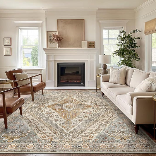 Bavni Washable Rug 8x10 Area Rug for Living Room Bedroom Dining, Washable Vintage Print Carpet, Ultra-Thin Chenille Low Pile Lightweight Rug with Non Slip Backing, Tan/Grey