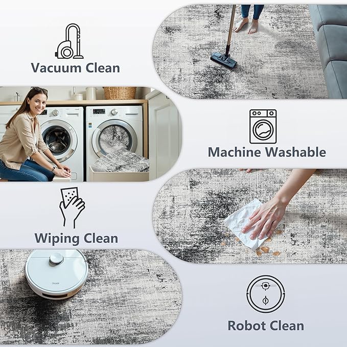 6x9 Washable Area Rugs - Modern Abstract Rugs for Living Room Non-Slip Low Pile Soft Machine Washable Carpet for Bedroom, Dining Room, Nursery, Home Office, Farmhouse (6'x9' Dark Grey)
