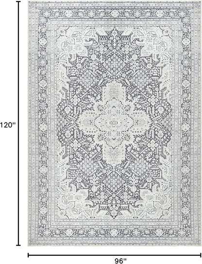 Bloom Rugs Washable Non-Slip 8' x 10' Rug - Charcoal Blue Traditional Medallion Area Rug for Living Room, Bedroom, Dining Room, and Kitchen - Exact Size: 8' x 10'