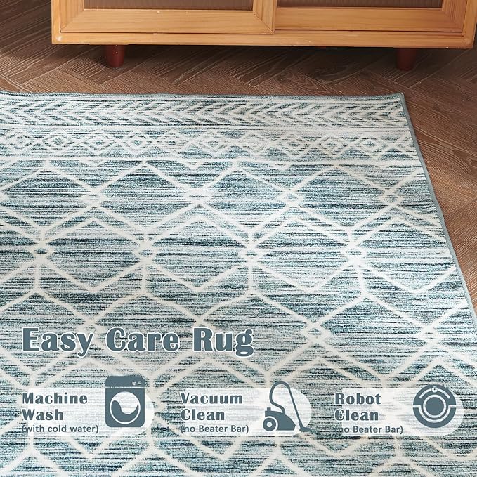 jinchan Moroccan 5x7 Area Rugs for Bedroom - Machine Washable Soft Modern Geometric Stain Resistant Non-Slip Ultra-Thin Low-Pile Faux Wool Carpet for Living Room Kitchen Dining Room (5x7ft, Teal Blue)
