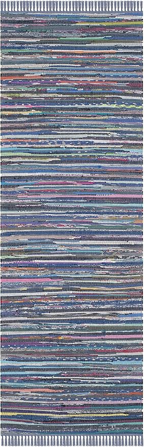 SAFAVIEH Rag Rug Collection Runner Rug - 2'3" x 7', Purple & Multi, Handmade Boho Stripe Cotton, Ideal for High Traffic Areas in Living Room, Bedroom (RAR121D)