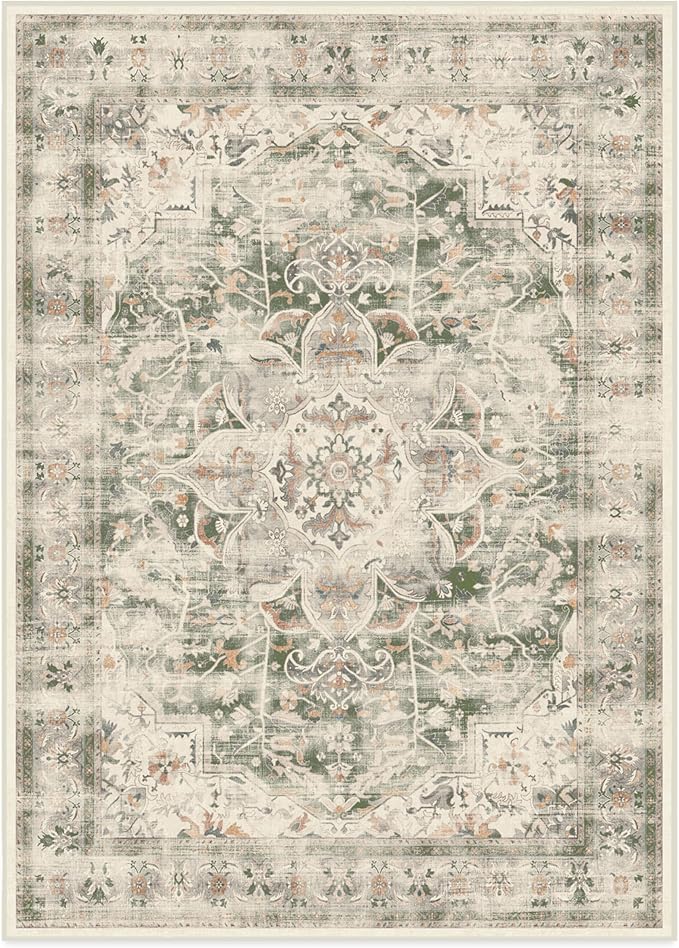 RUGGABLE Washable Vintage Area Rug – Sarrah Sage 10x14, Stain-Resistant, Non-Slip – Large Machine Washable Rugs for Living Room, Bedroom, Hallway, Entryway & Office–with Cushioned Pad