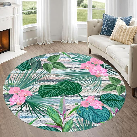 Indoor Outdoor Round Rug 4ft - Blue White Tropical Botanical Pattern, Non-Slip Patio Carpet, Easy-Clean Non-Shedding Rug for Living Room, Kitchen, Garden, Indoor Shower Mat