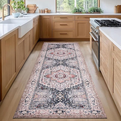 PURRUGS Vintage Farmhouse Boho Runner Rug 2x6 ft, Non-Slip Machine Washable Rug, Accent Oriental Area Rug for Kitchen, Hallway, Entryway, Bedroom, Living Room and Dining Room, Coral Red/Marine Blue