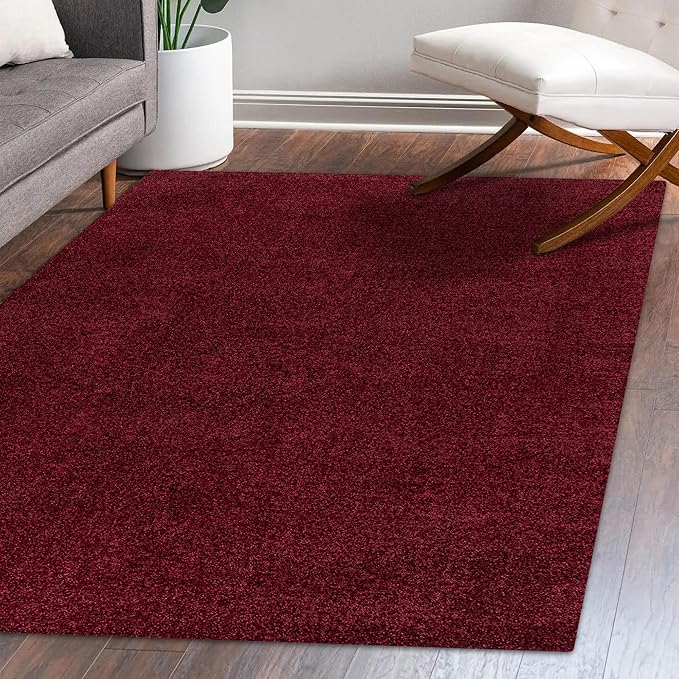 Eyely UES100Q-5 Supersoft Haze Solid Low-Pile Indoor Area Rug Casual;Contemporary;Solid;Traditional, Bedroom, Kitchen, Living Room, Easy-Cleaning, Non-Shedding, 5 X 8, Dark Red