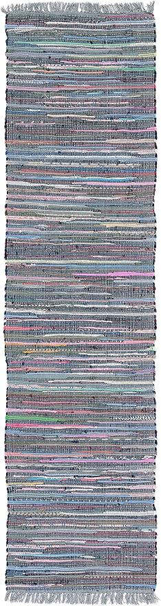 SAFAVIEH Rag Rug Collection Runner Rug - 2'3" x 8', Aqua & Multi, Handmade Boho Stripe Cotton, Ideal for High Traffic Areas in Living Room, Bedroom (RAR121K)