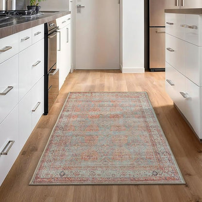 GLN Rugs Traditional Collection - Machine Washable Area Rug, Traditional Washable, Non Slip, Low Pile Chenille Rug, Living Room, Bedroom, Kitchen Rug (2'6" x 7' Terra/Multicolor 1153)