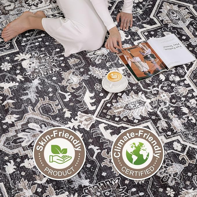 Black Rug Living Room Rugs: 12x15 Washable Boho Large Vintage Moody Soft Distressed Oriental Stain Resistant Non-Slip Indoor Floor Carpet for Bedroom Playroom Office Dining Room Retro Home House