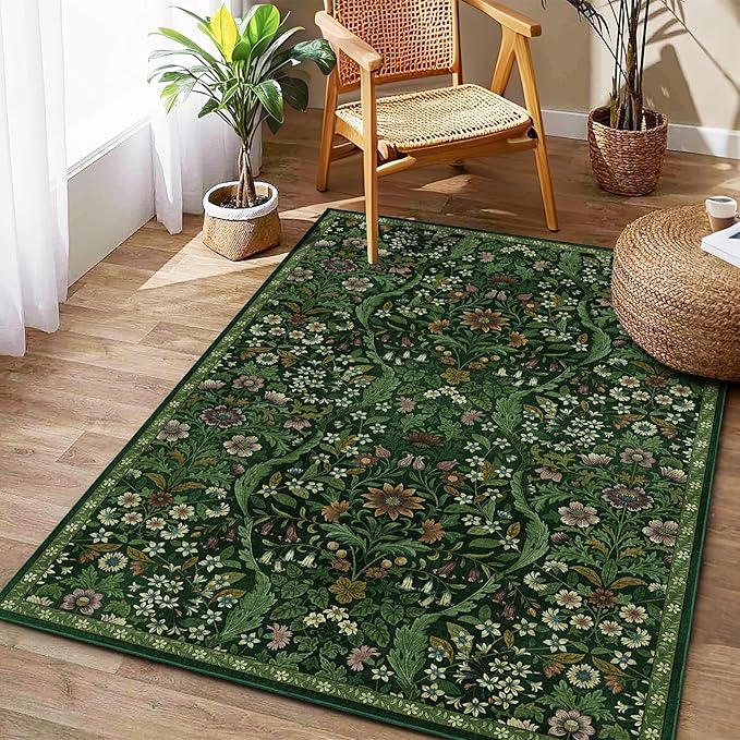 3x5 Dark Green Boho Floral Vintage Area Rug,Soft Lightweight Low Pile Non-Shedding Carpet,Machine Washable Stain Resistant & Non-Slip for Entryway,Bedroom, Kids Room,Living Room
