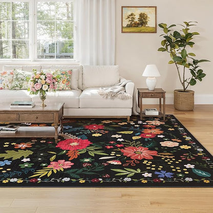 Living Room Rug 8x10 Rug Machine Washable Boho Area Rug Non Slip Floral Vintage Low Pile Large Rugs for Living Room, Bedroom, Farmhouse, Dining Room (Black)
