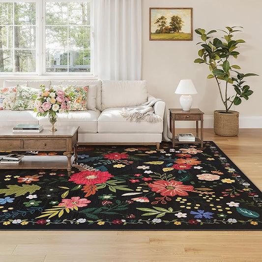 Living Room Rug 8x10 Rug Machine Washable Boho Area Rug Non Slip Floral Vintage Low Pile Large Rugs for Living Room, Bedroom, Farmhouse, Dining Room (Black)