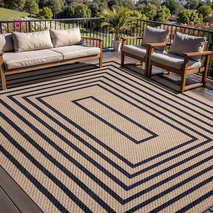 Tangsoo Easy Jute Rug 6x9 Washable Area Rugs for Living Room,Black Geometric Non Slip Indoor Outdoor Carpet,Farmhouse Modern Office Mat for Backyard Dining Room Patio Bedroom Balcony Sunroom Decor