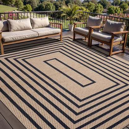 Tangsoo Easy Jute Rug 6x9 Washable Area Rugs for Living Room,Black Geometric Non Slip Indoor Outdoor Carpet,Farmhouse Modern Office Mat for Backyard Dining Room Patio Bedroom Balcony Sunroom Decor