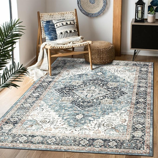 Area Rug 3×5, Vintage Boho Rug,Ultra-Soft Low Pile, Washable, Non Slip,Stain Resistant Printed Carpet for Living Room Bedrooms Playroom Office Kitchen, Blue/Navy