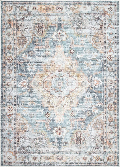Bloom Rugs Washable Non-Slip 9' x 12' Rug - Teal/Peach Traditional Area Rug for Living Room, Bedroom, Dining Room, and Kitchen - Exact Size: 9' x 12'