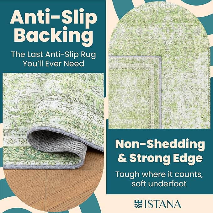 Istana Hallway Runner Rug 2x6 - Light Green Kitchen Rugs Non Slip Washable -Silk's Soft Touch Carpet Runner - Stylish Rug Runner for Home