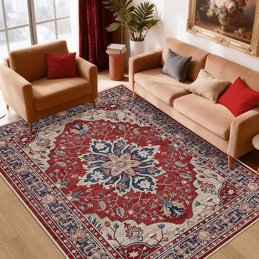 Area Rugs 9'x12' Washable Non-Slip, Floral Vintage Distress Print Pattern Medallion Carpet for Living Room Bedroom Dining Room, Red Blue