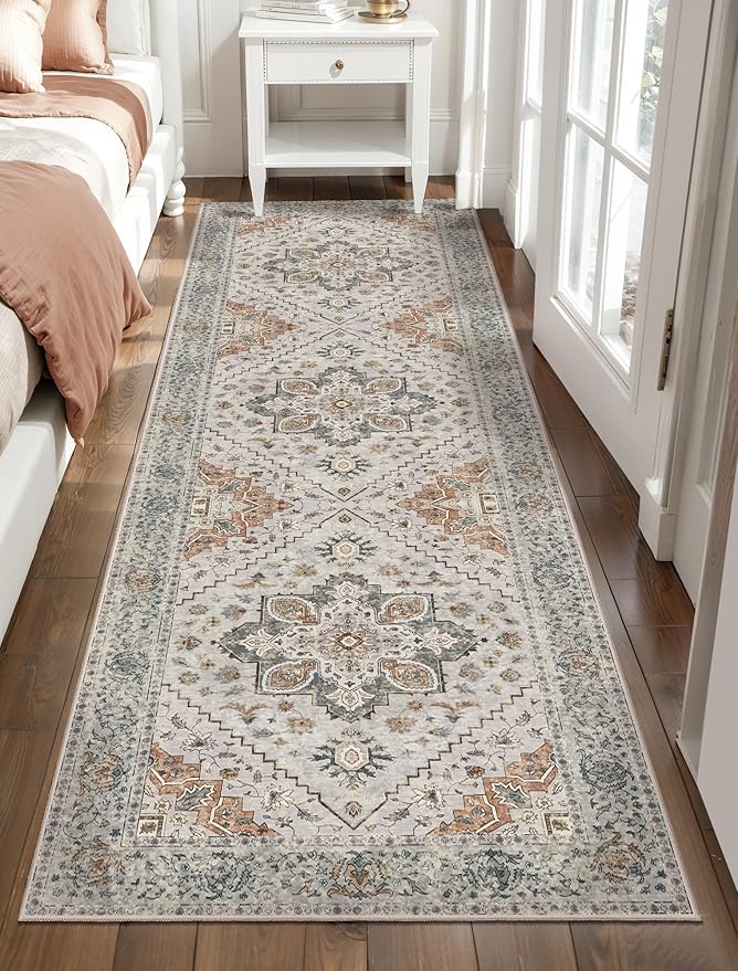 Tangsoo 3x8 Runner Rug for Hallway Long Washable Hallway Runner Rugs, Non Slip Vintage Soft Low Pile Rug Runner, Indoor 8ft Carpet Runners for Kitchen Bedroom Entryway Living Room Grey/Cream